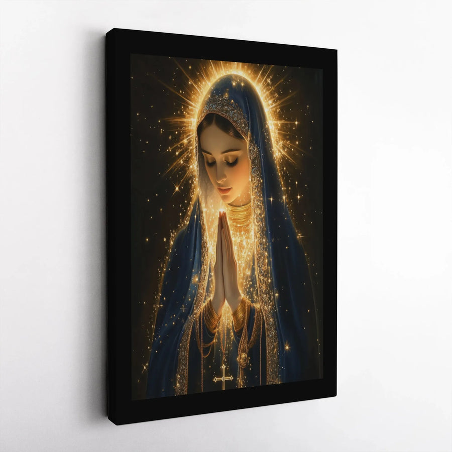 Virgin Mary Canvas Print | Praying Mother Mary With Radiant Golden Halo | Premium 1.25 inch Gallery Wrap | Religious Home Wall Art Decor