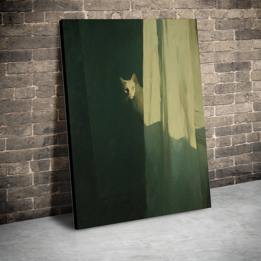 White Cat Peeking Behind Curtain Canvas Art | Moody Impressionist Wall Decor | Premium Fade-Resistant Gallery Print | Perfect Gift for Cat Lovers