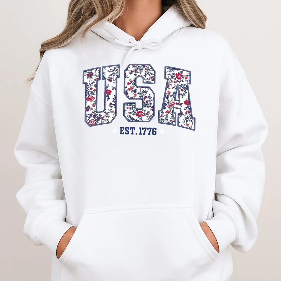 Patriotic USA Hoodie | Floral Est. 1776 Graphic Sweatshirt | Premium Cotton Blend | 4th of July Gift for Women