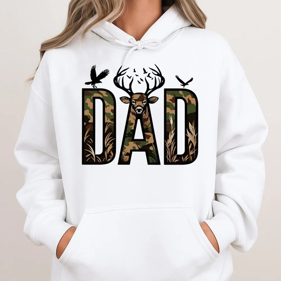 Hunting Dad Hoodie | Camo Deer Graphic Tee for Outdoorsman | Premium Cotton Shirt | Unique Father's Day Gift for Hunter