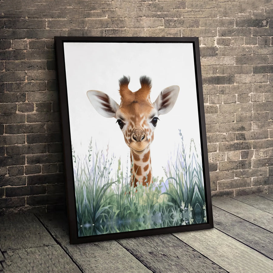 Baby Giraffe Canvas Wall Art | Whimsical Safari Animal Portrait | Premium Fade-Resistant Gallery Wrap | Nursery & Kids Room Decor