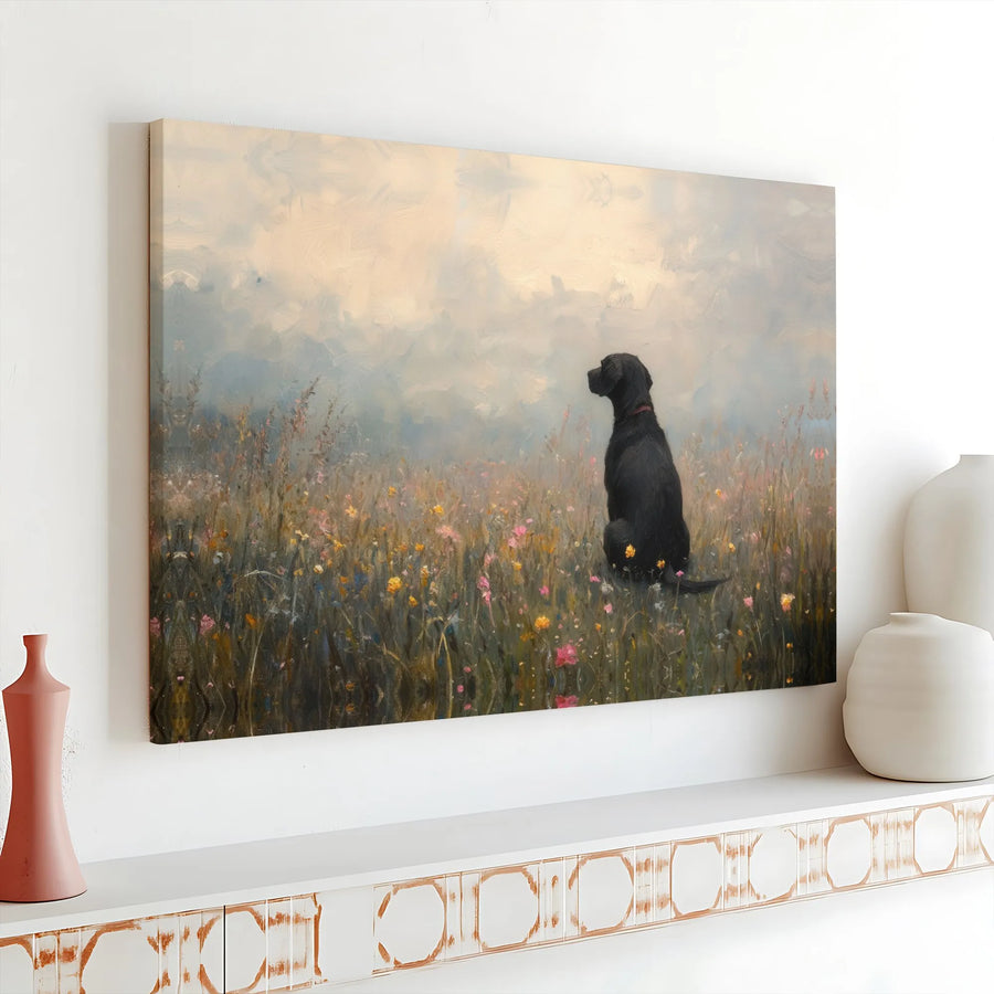 Black Labrador Canvas Art | Impressionistic Wildflower Meadow Print | 1.25" Gallery Wrap | Dog Lover Home Decor Gift
