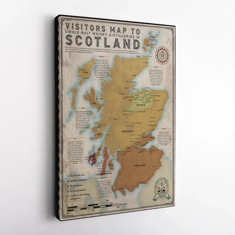 Scotland Whisky Distillery Map Canvas | Detailed Single Malt Region Guide | Premium Gallery Wrap Wall Art | Perfect Gift For Scotch Lovers