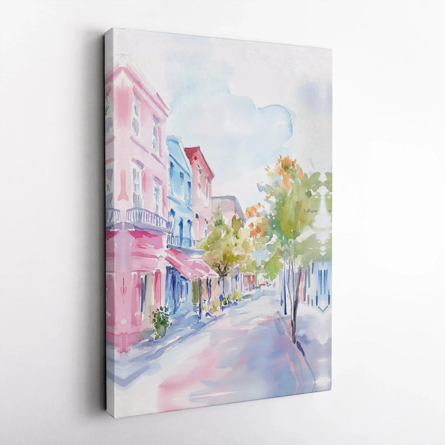 Colorful City Street Canvas Wall Art | Watercolor European Townscape Print | Premium 1.25-Inch Gallery Wrap | Home Office Living Room Decor Gift