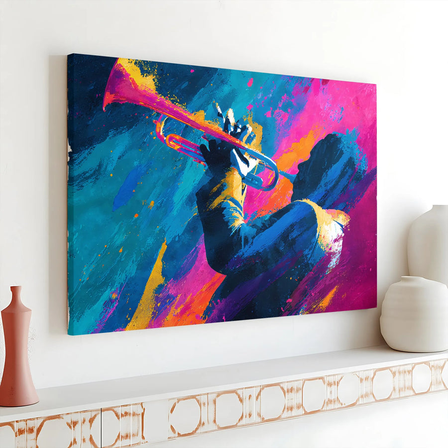 Jazz Trumpet Player Canvas Wall Art | Vibrant Abstract Painting | Premium Gallery Wrap Canvas | Gift for Musician & Modern Home Decor