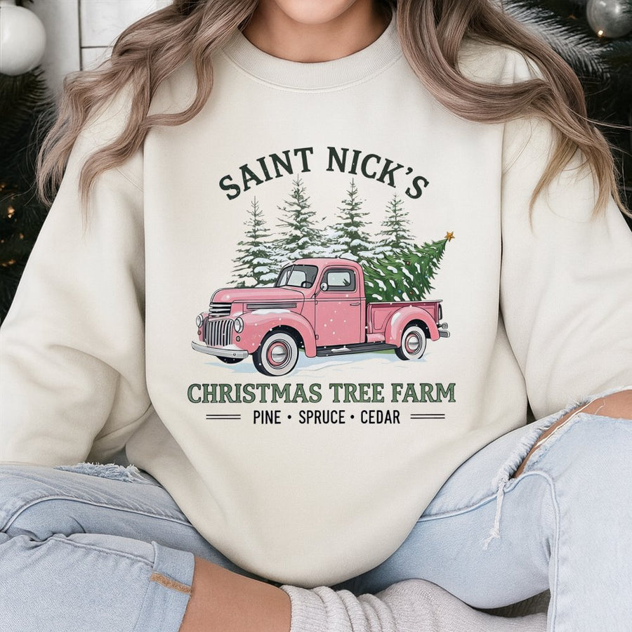 Saint Nick's Christmas Tree Farm Sweatshirt | Vintage Pink Truck Graphic | Premium Cotton Blend | Cozy Holiday Gift for Women and Men