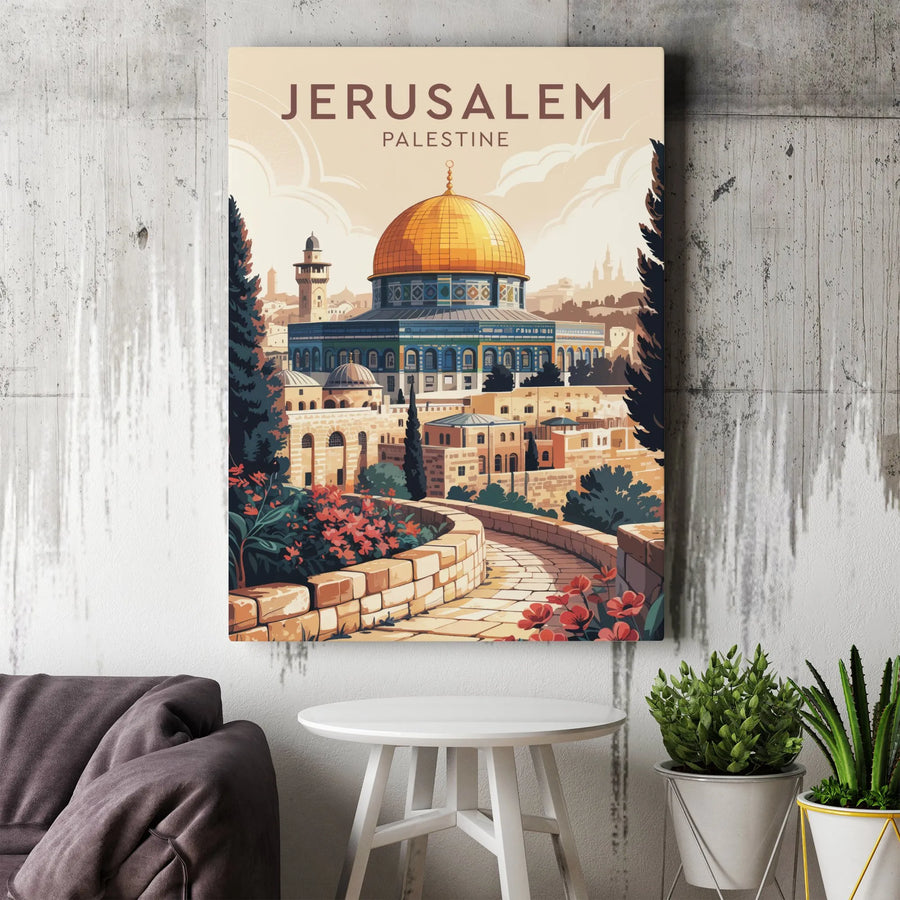 Jerusalem Palestine Vertical Canvas | Vintage Travel Poster Art with Dome of the Rock | Premium Gallery Wrapped Print | Home Decor Wall Art Gift