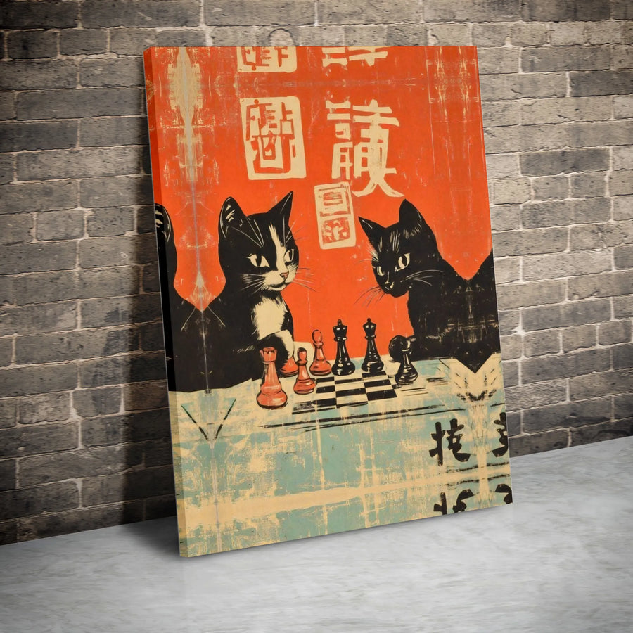 Cat Chess Canvas Wall Art | Vintage Japanese Style Illustration | 1.25 Inch Gallery Wrap Premium Print | Unique Gift for Cat Lovers & Gamers