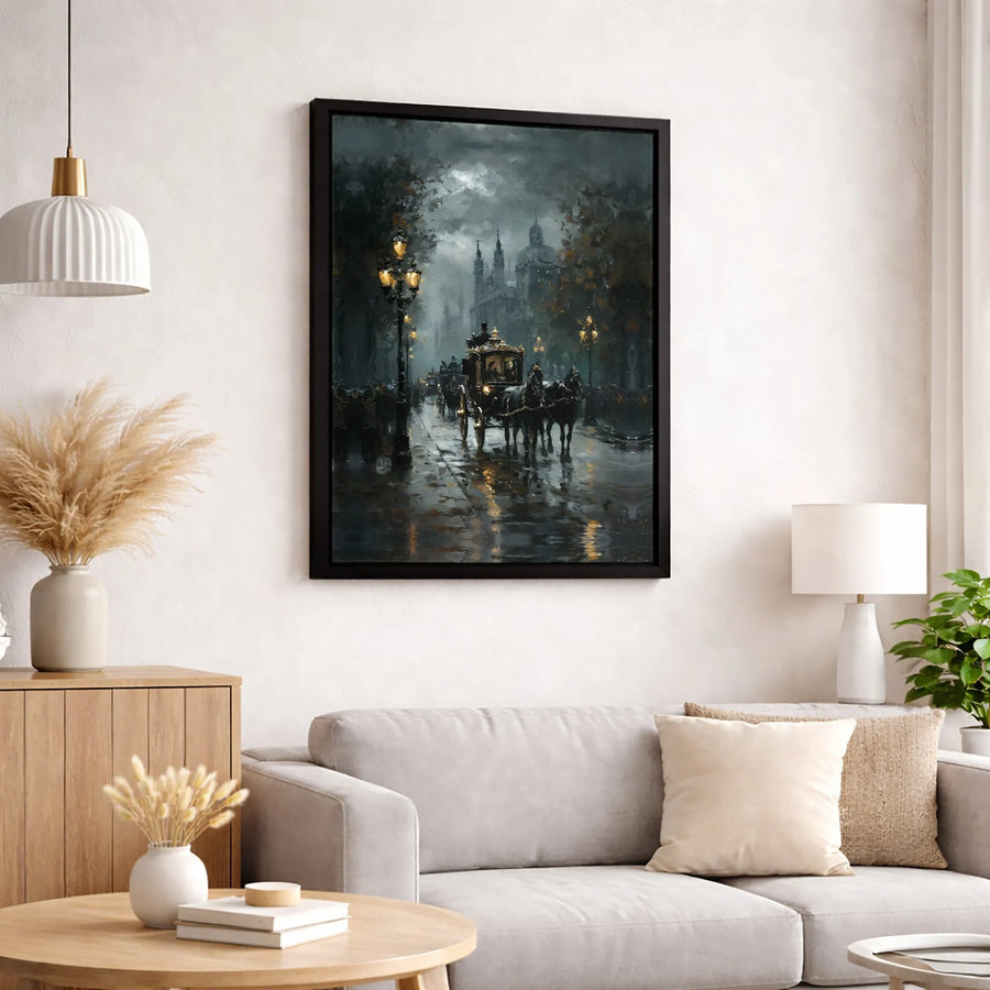 Gothic Victorian Cityscape Canvas | Rainy Night Horse Carriage Art | Premium Gallery-Wrapped Print | Moody Home Decor for History Lovers