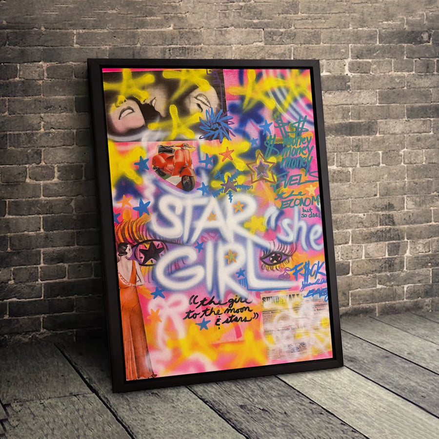 Star Girl Wall Art | Street Graffiti Collage Print | Premium 1.25" Gallery Wrapped Canvas | Aesthetic Urban Decor for Bedroom or Living Room