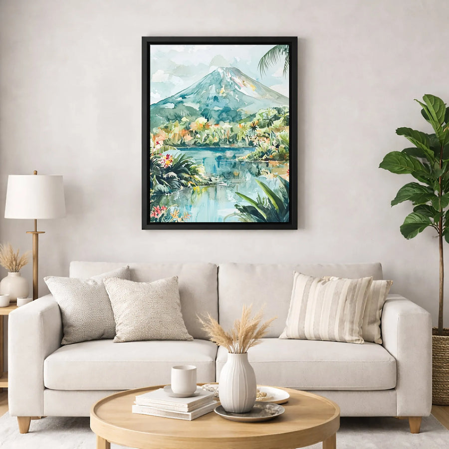 Tropical Volcano Canvas Wall Art | Watercolor Tropical Landscape Print | Premium 1.25-Inch Thick Gallery Wrap | Nature Home Decor Gift
