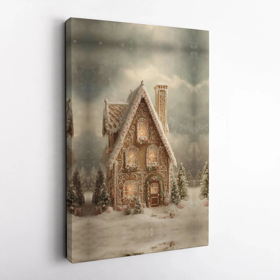 Gingerbread House Christmas Canvas Wall Art | Snowy Winter Cabin Scene | Gallery Quality Fade-Resistant Print | Festive Holiday Home Decor