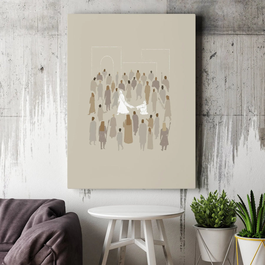 Jesus Heals Woman Touching Garment | Minimalist Christian Canvas Wall Art | Gallery Wrapped Premium Print | Religious Home Decor Gift