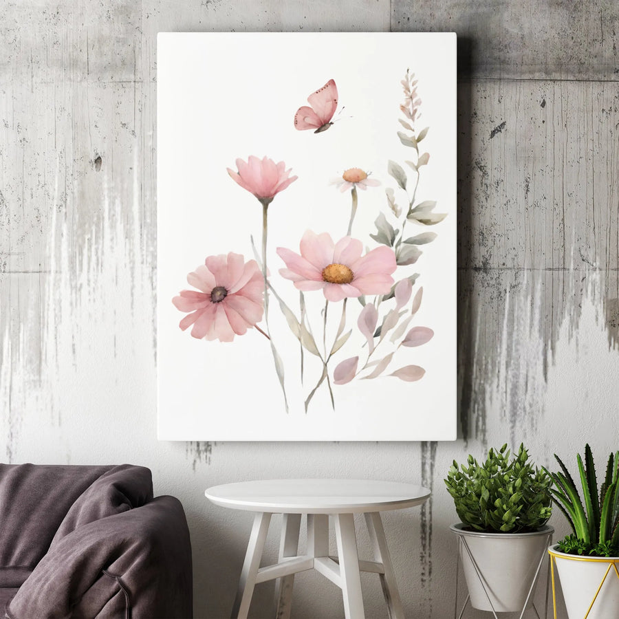 Watercolor Pink Flower Canvas Art | Soft Butterfly Wall Decor | Premium Fade-Resistant Gallery Wrap | Modern Botanical Nursery Gift