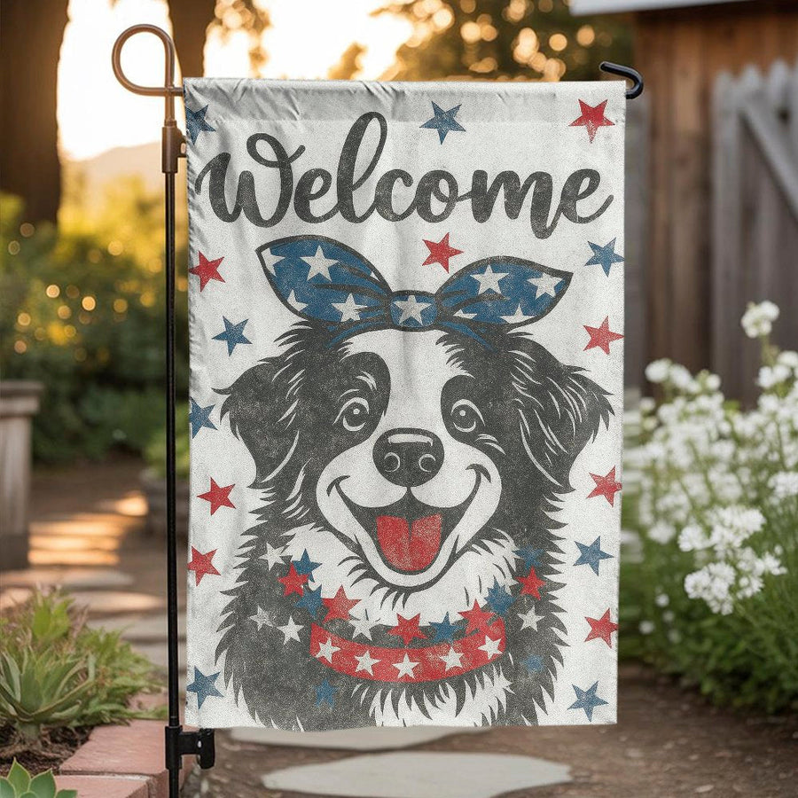 Patriotic Border Collie Garden Flag | Red White Blue Stars Welcome Sign | Premium Weather-Resistant Polyester | 4th of July Outdoor Dog Lover Gift