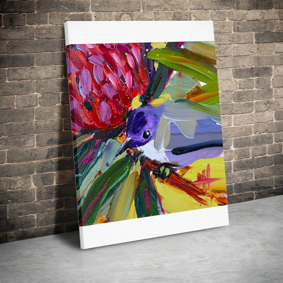 Fairy Wren Waratah Canvas Print | Vibrant Impasto Style Australian Bird and Flower Wall Art | Premium Thick Profile Canvas | Modern Home Decor Gift for Nature Lover