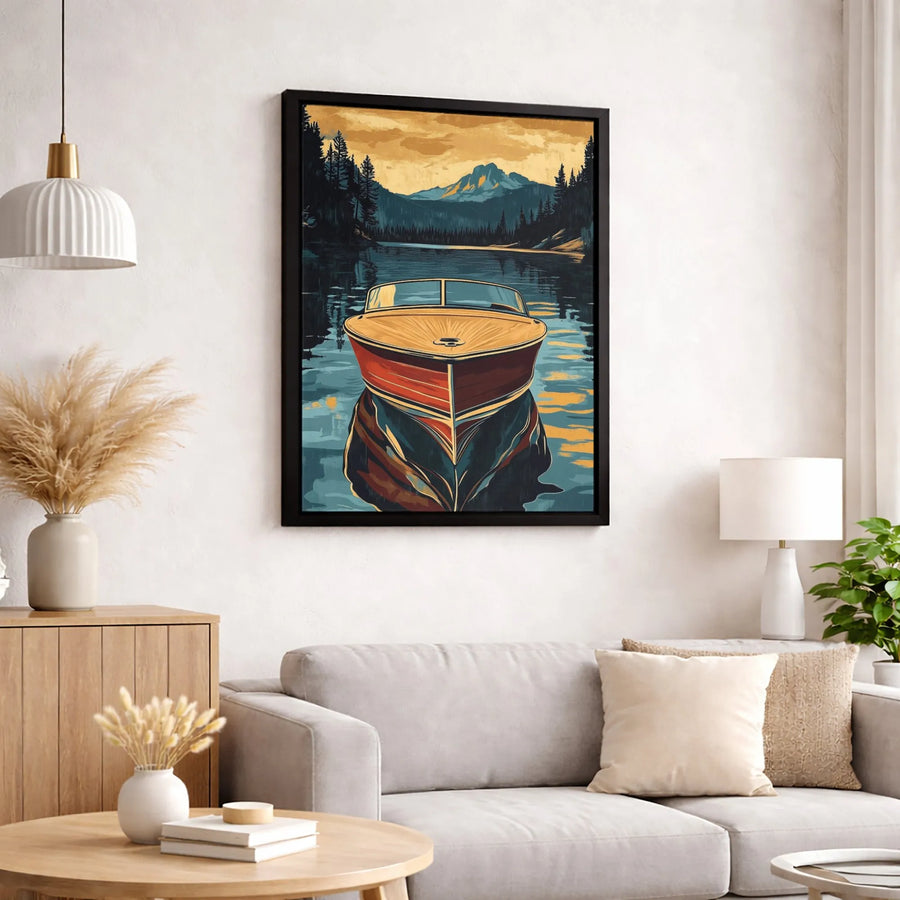 Vintage Wooden Boat Canvas Print | Mountain Lake Sunset Wall Art | Premium 1.25-Inch Gallery Wrap | Rustic Nautical Home Decor Gift