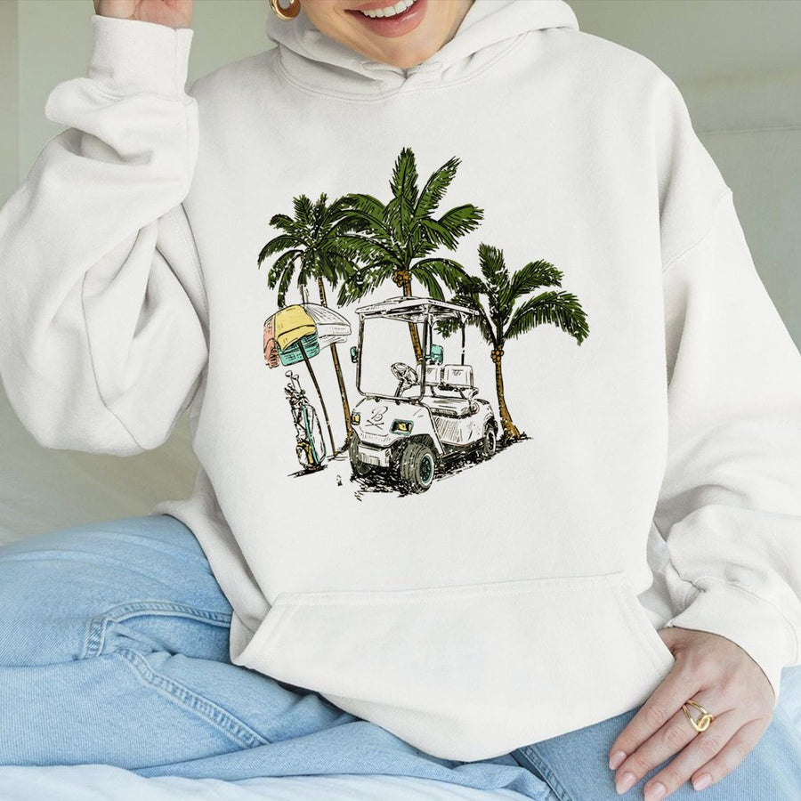 Tropical Golf Hoodie | Palm Tree Cart Graphic Print | Premium Cotton Blend | Gift For Golfers And Beach Lovers