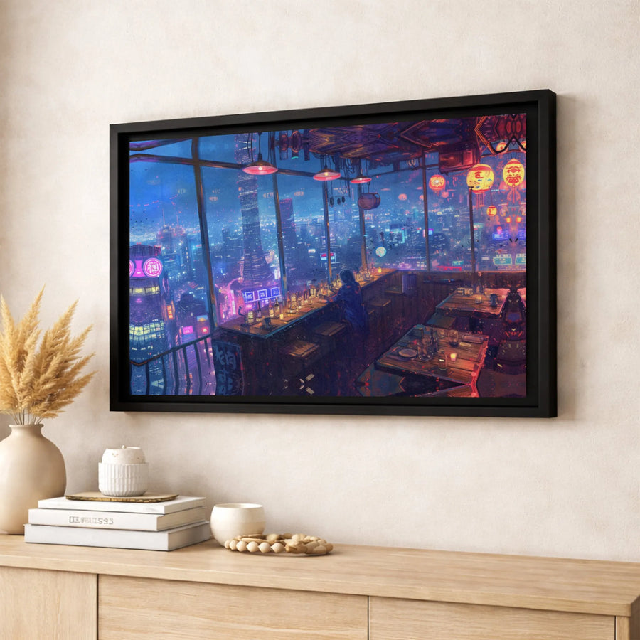 Cyberpunk Cityscape Canvas Art | Lofi Anime Nightlife Skyline | Premium 1.25-Inch Gallery Wrap | Wall Decor Gift for Gamers