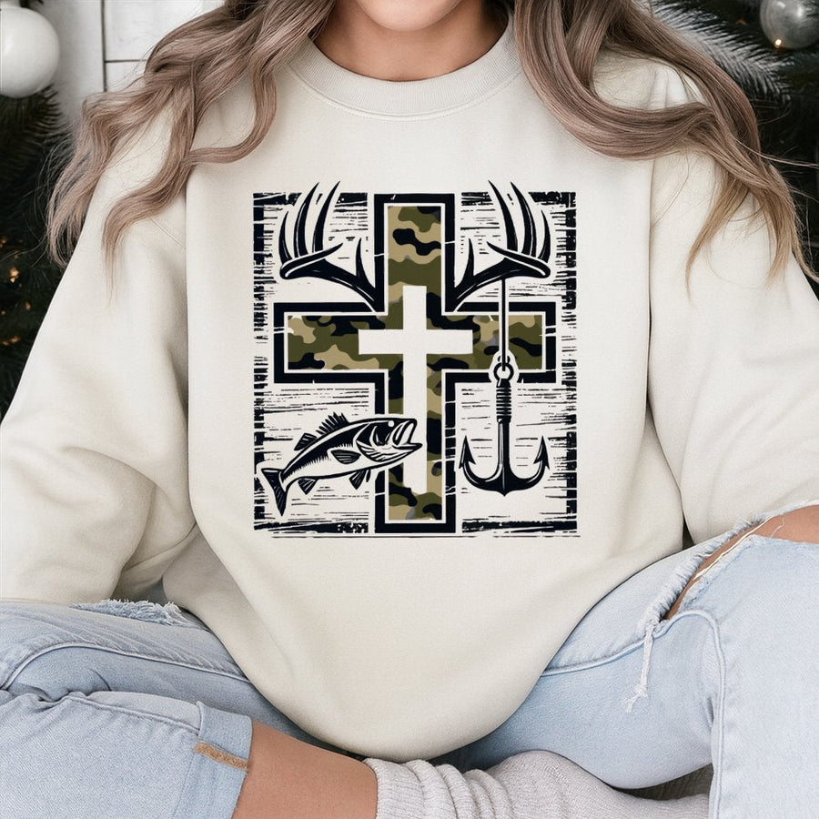 Fishing Cross Sweatshirt | Camo Deer Antler and Bass Graphic | Premium Cotton Blend | Christian Outdoor Apparel Gift for Men and Women