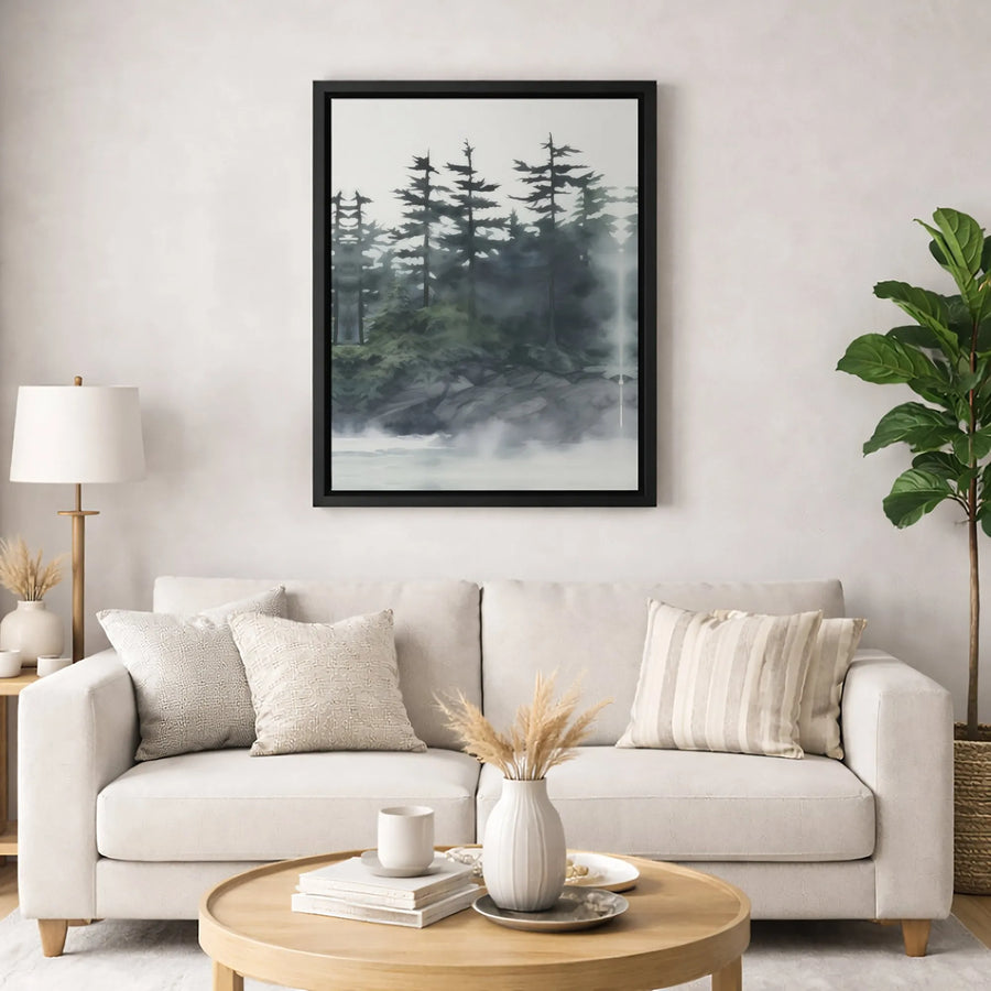 Foggy Pine Forest Canvas Wall Art | Misty Lake Shore Landscape | Premium Gallery Wrapped Print | Modern Nature Decor for Living Room Office