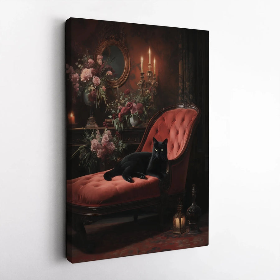 Black Cat Wall Art | Moody Victorian Gothic Portrait on Velvet Chaise | Premium Gallery Canvas | Dark Academia Home Decor Gift