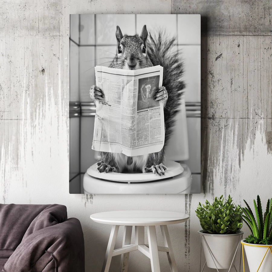 Squirrel Reading Newspaper On Toilet Wall Art | Funny Bathroom Decor | Premium Fade-Resistant Canvas | Whimsical Animal Home Gift