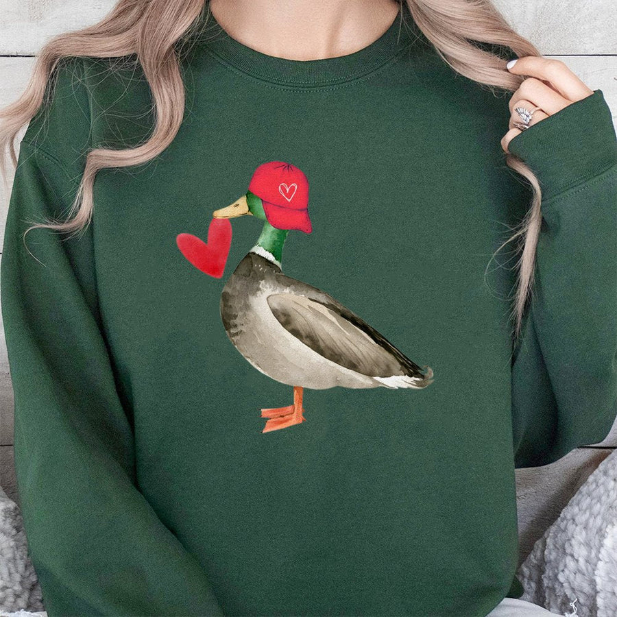 Mallard Duck Valentine Sweatshirt | Cute Heart Wearing Hat Graphic | Premium Cotton Blend | Romantic Bird Lover Gift for Her
