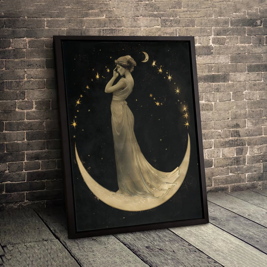 Celestial Goddess Wall Art | Vintage Aesthetic Crescent Moon Canvas | Premium Fade-Resistant Print | Mystical Home Decor for Bedroom or Living Room