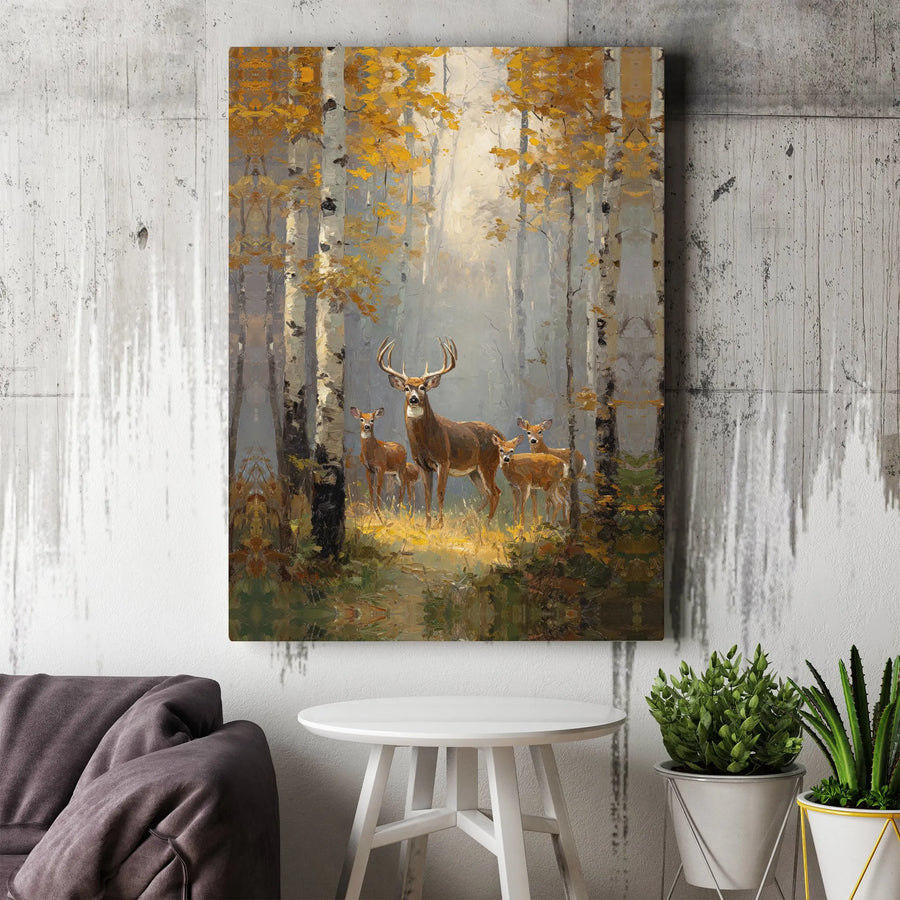 Deer Family Canvas Wall Art | Rustic Woodland Scene with Autumn Birch Trees | Premium Canvas Print | Lodge & Cabin Decor Gift