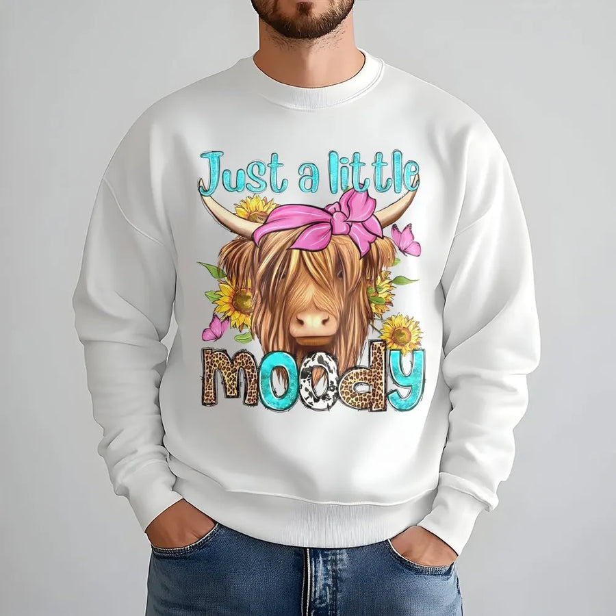 Just A Little Moody Highland Cow Sweatshirt | Boho Farmhouse Sunflower Graphic | Premium Cotton Blend Crewneck | Cute Animal Lover Gift For Her