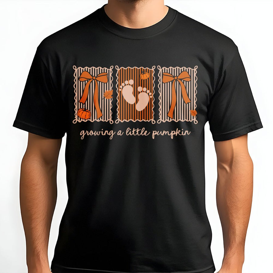 Growing A Little Pumpkin T-Shirt | Fall Pregnancy Announcement Graphic | 100% Cotton Premium Tee | Cute Thanksgiving Baby Reveal Gift For Mom