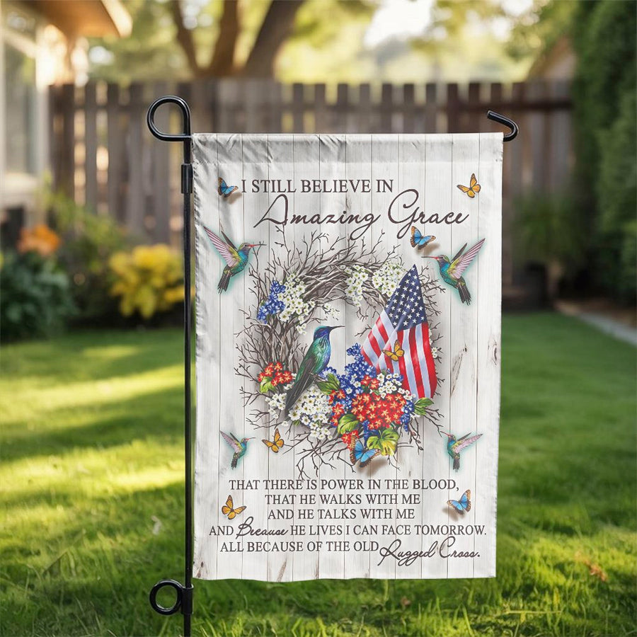 Amazing Grace Garden Flag | Hummingbird and American Flag Floral Wreath | Premium Weather-Resistant Polyester | Religious Christian Outdoor Decor Gift