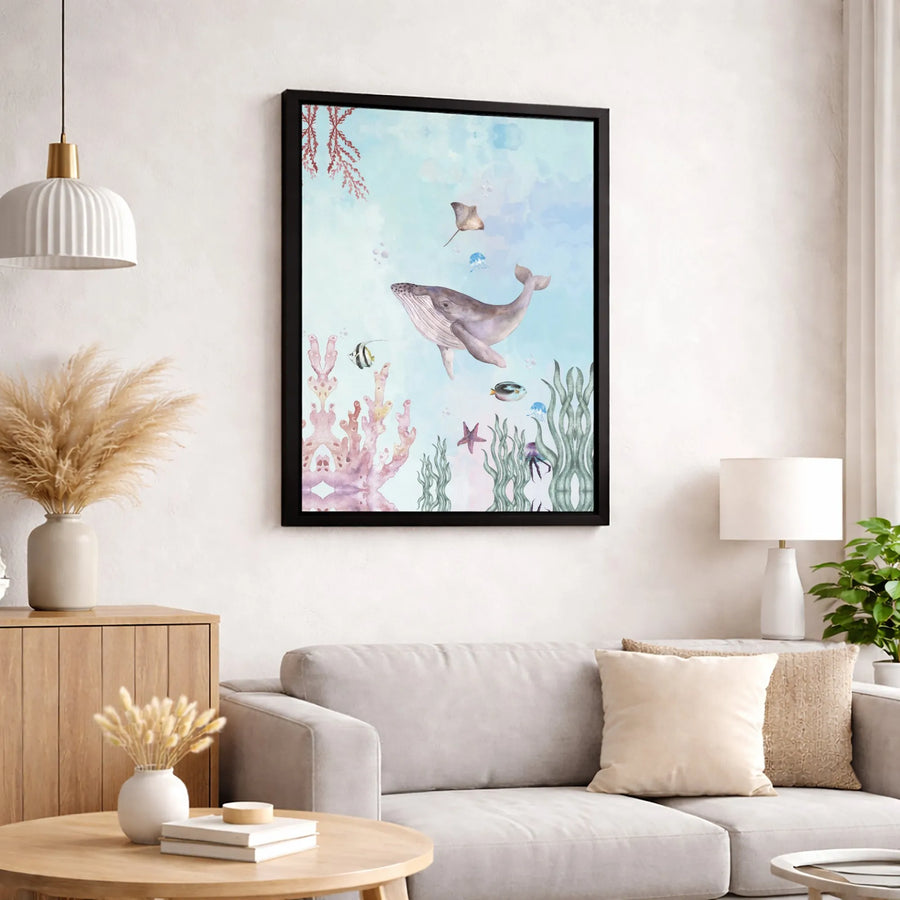 Watercolor Ocean Wall Art | Whale Stingray Coral Reef Canvas | Gallery-Wrapped Premium Decor | Nursery & Coastal Home Gift