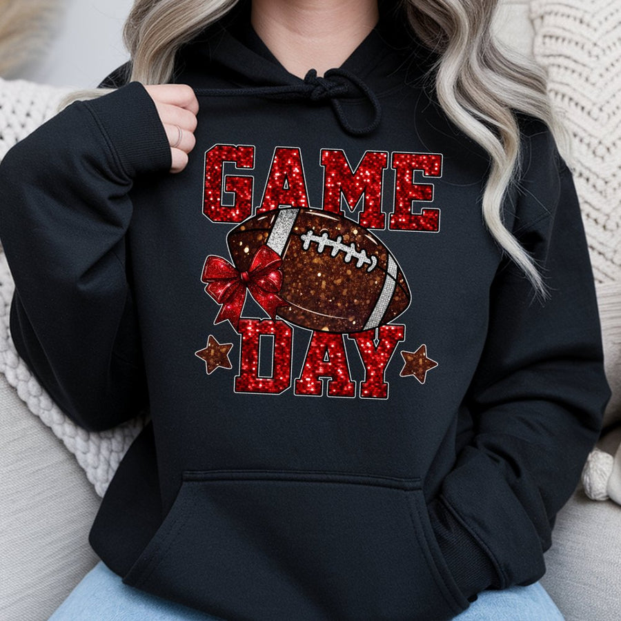 Game Day Football Hoodie | Glitter Graphic Sport Print | Cotton-Polyester Blend | Trendy Fall Sports Apparel For Fans And Players