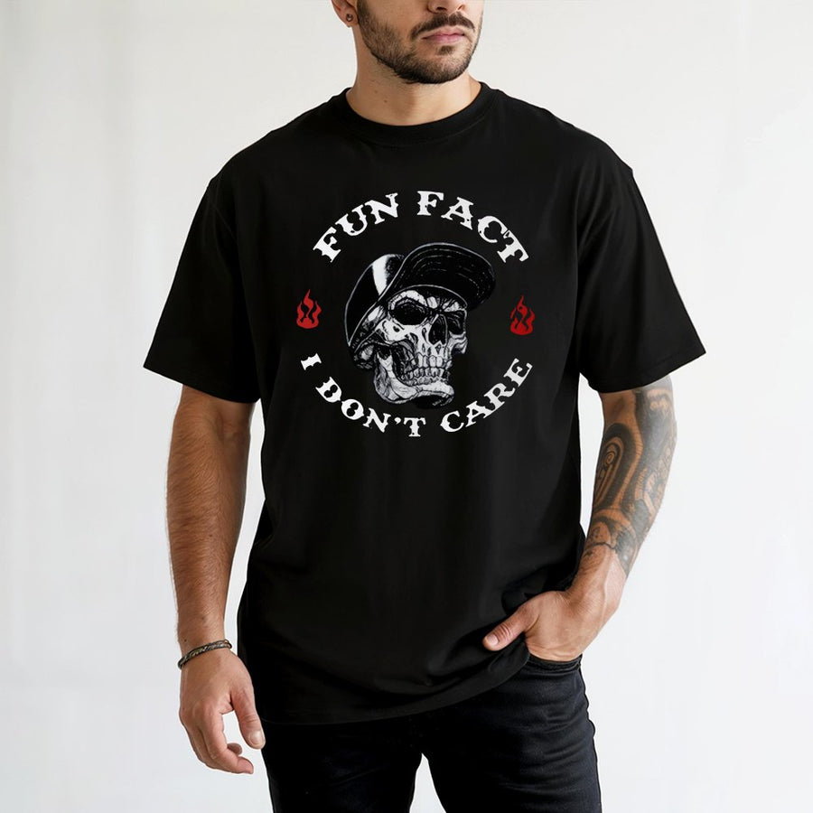 Fun Fact I Don't Care T-Shirt | Edgy Skull Baseball Cap Graphic | Premium 100% Cotton Tee | Sarcastic Slogan Gift for Men and Women