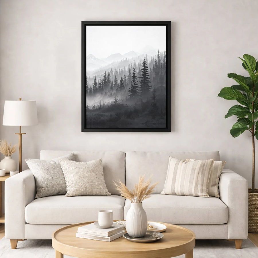 Foggy Pine Forest Canvas Wall Art | Moody Black and White Mountain Landscape | Premium 1.25 inch Gallery Wrap | Modern Home Office Decor