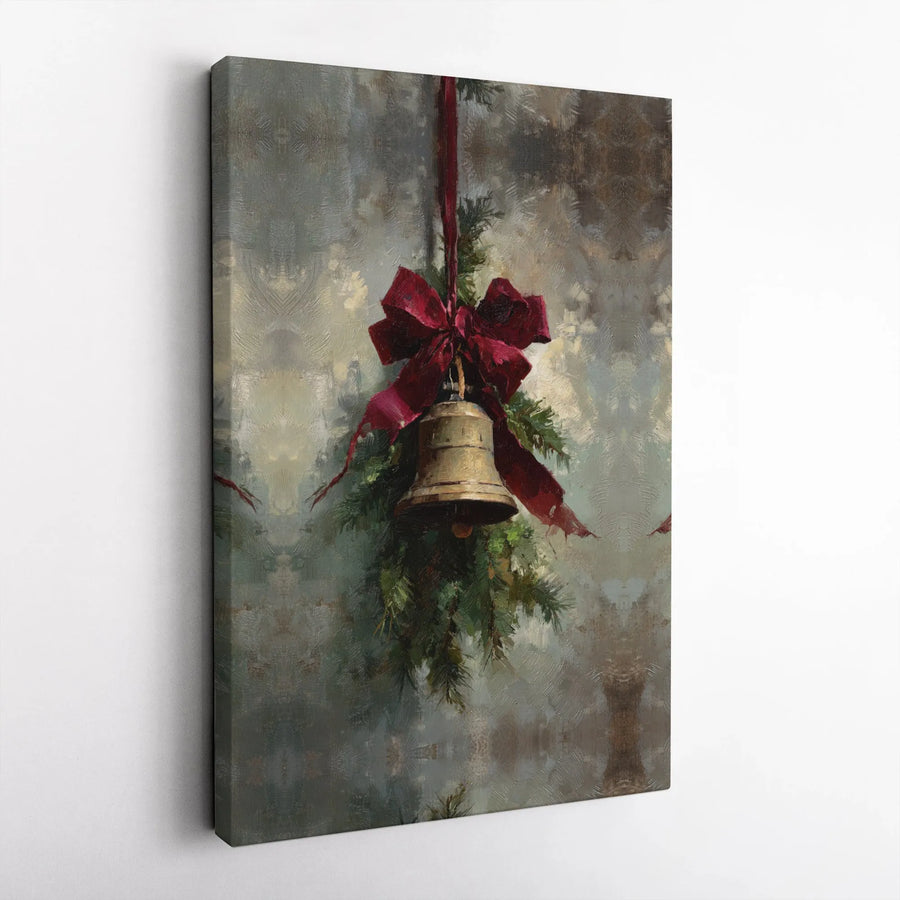 Vintage Christmas Bell Canvas Wall Art | Red Bow & Pine Branch Painting | Premium Gallery Wrap Decor | Festive Holiday Home Interior Gift