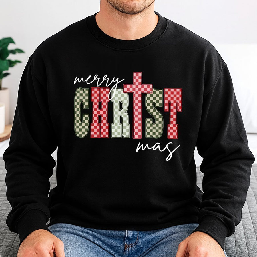 Merry Christmas Cross Sweatshirt | Checkered Pattern Graphic Design | Cotton Blend Premium Apparel | Religious Christian Holiday Gift for Women
