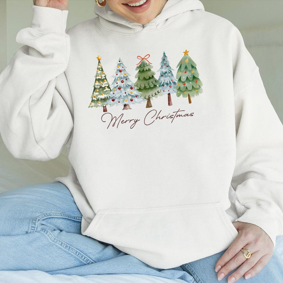 Merry Christmas Tree Hoodie | Watercolor Festive Graphic Design | Premium Cotton-Blend Fleece | Cozy Holiday Gift for Women and Men