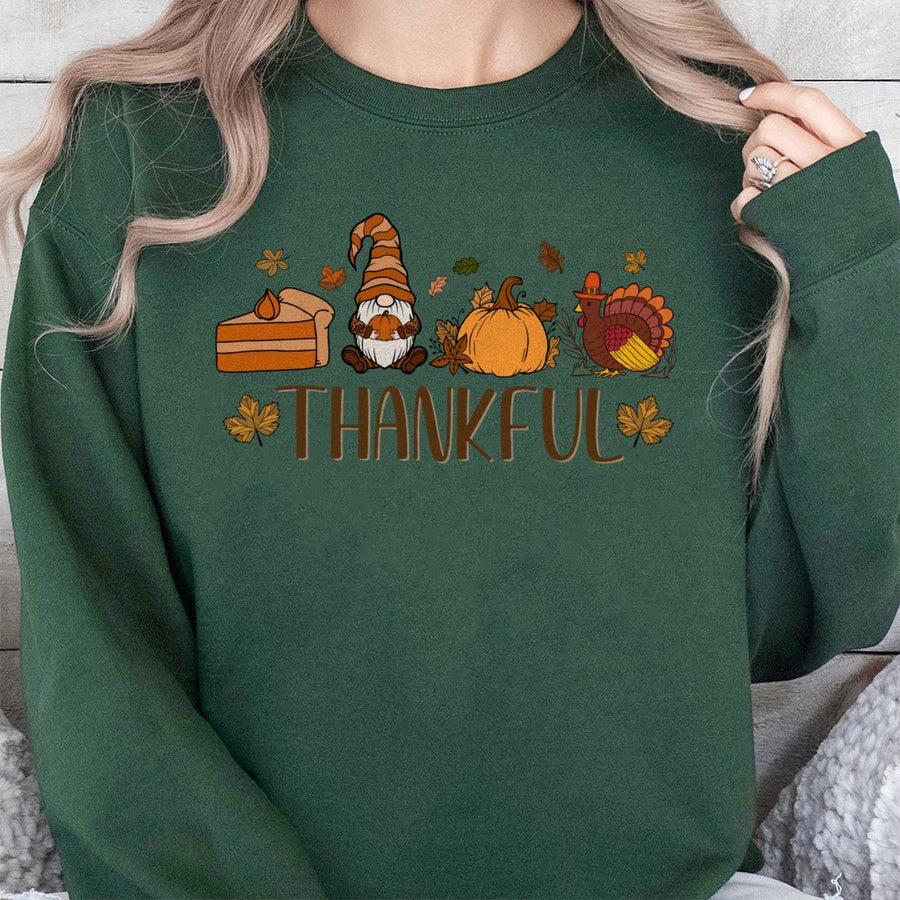 Thankful Fall Sweatshirt | Cute Gnome Pumpkin Turkey Graphic | Soft Cotton Blend Crewneck | Thanksgiving Outfit Gift For Women And Men