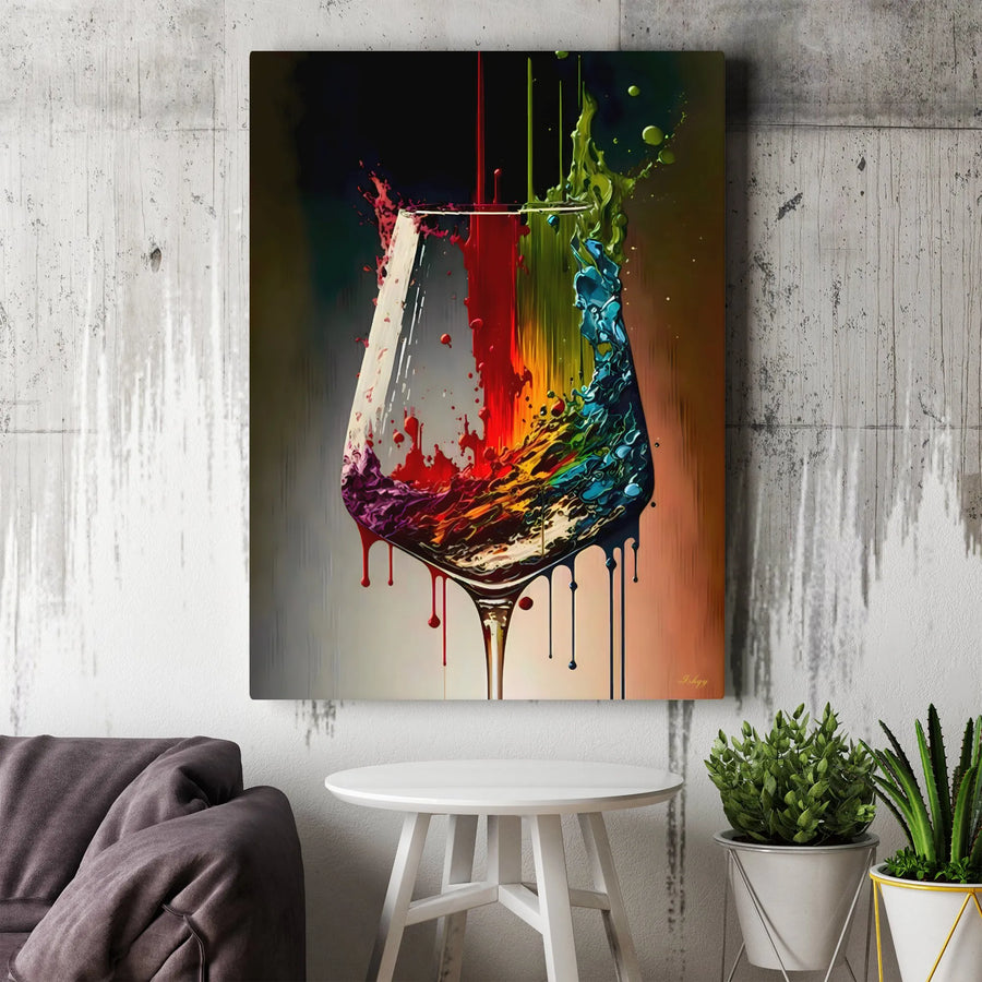 Abstract Wine Glass Canvas Print | Vibrant Paint Splash Art | Premium Gallery Wrapped Decor | Modern Kitchen & Bar Wall Art Gift
