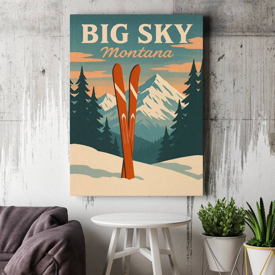 Big Sky Montana Canvas Wall Art | Vintage Ski Resort Travel Poster | Premium Gallery Wrap Decor | Skiing Gift For Lodge Cabin Home