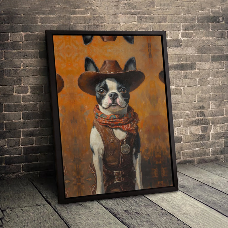 Boston Terrier Cowboy Canvas | Sheriff Dog Western Wall Art | Premium 1.25-Inch Gallery Wrap | Funny Pet Portrait Gift for Dog Lovers