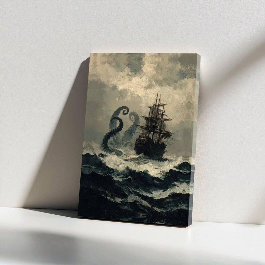 Kraken Sea Monster Canvas Art | Vintage Nautical Ship Storm Painting | Premium Gallery Wrap Wall Decor | Mythical Ocean Adventure Gift