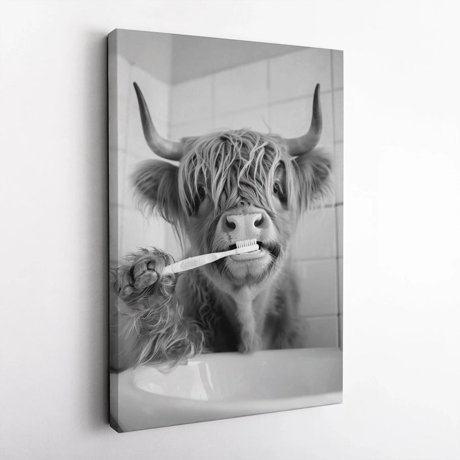 Highland Cow Brushing Teeth Canvas Art | Funny Bathroom Wall Decor | Premium Fade-Resistant Print | Quirky Farmhouse Home Gift