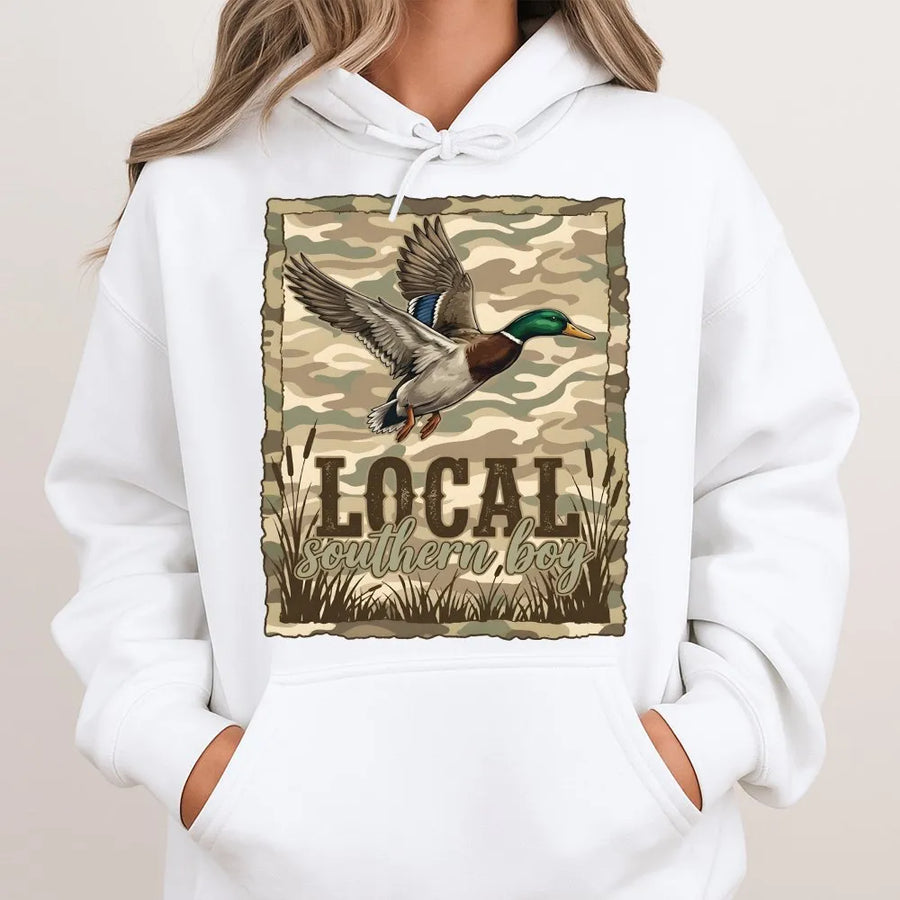 Duck Hunting Hoodie | Local Southern Boy Camo Mallard Design | Soft Cotton Blend | Gift for Hunter, Outdoorsman Country Apparel