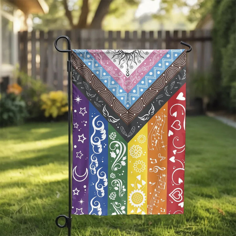 LGBTQ Pride Progress Garden Flag | Vibrant Boho Rainbow Patterned Design | Double-Sided Premium Weather Resistant Polyester | Outdoor Yard Decor Gift for Pride Month