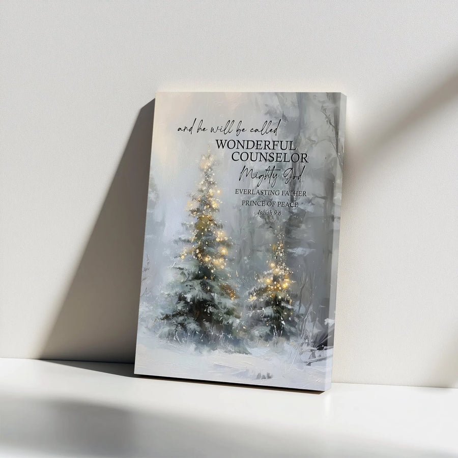 Isaiah 9:6 Bible Verse Canvas Wall Art | Snowy Christmas Tree Religious Print | Premium Gallery Wrap Decor | Inspirational Christian Home Gift