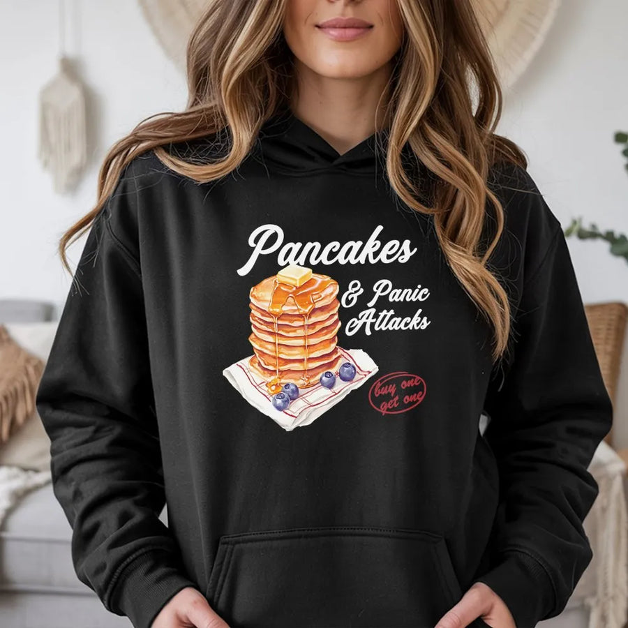 Pancakes & Panic Attacks Hoodie | Funny Breakfast Lover Graphic Pullover | Soft Cotton Blend Unisex Sweatshirt | Retro Humor Gift For Foodies